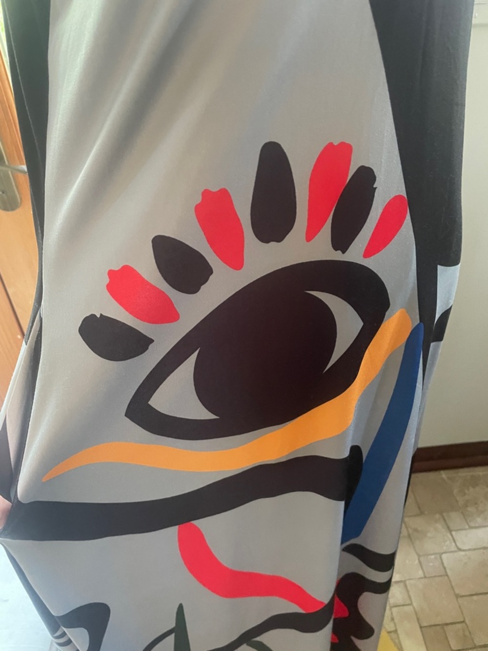 Abstract Print Maxi Slip Dress in Gray with Multicolor Accents Large Art Fashion - Picture 3 of 10